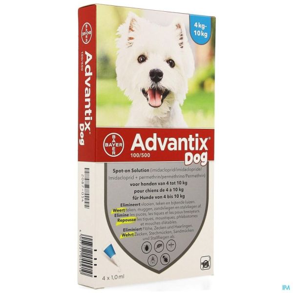 Advantix 100/500 Chiens de 4 à 10 kg 4 Pipettes 1,0 ml