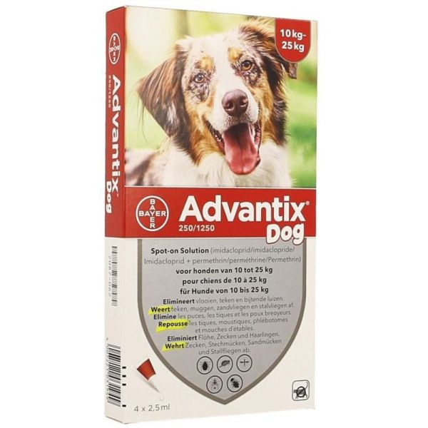 Advantix 250/1250 Chiens de 10 à 25 kg 4 Pipettes 2,5 ml