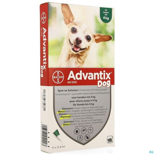 Advantix 40/200 Chiens de moins de 4 kg 4 Pipettes 0,4 ml