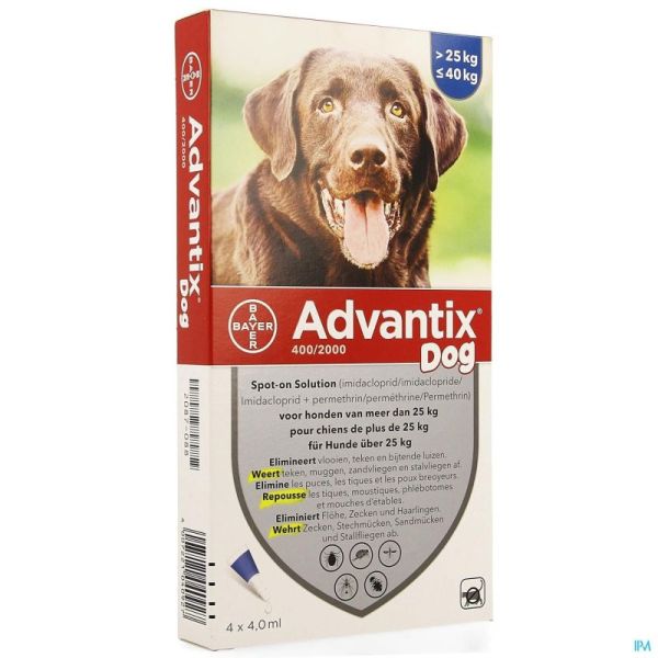 Advantix 400/2000 Chiens de 25 à 40 kg 4 Pipettes 4,0 ml