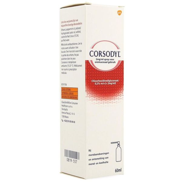 Corsodyl 2 mg/ml solution pour pulvérisation buccale 60 ml