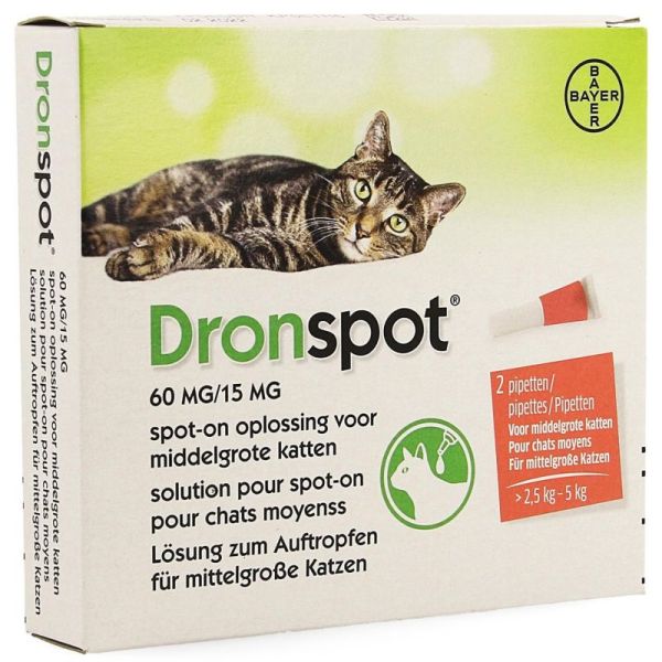 Dronspot 60 mg/15 mg Solution pour Spot-On pour Chats Moyens (2,5 à 5 kg) 2 Pipettes